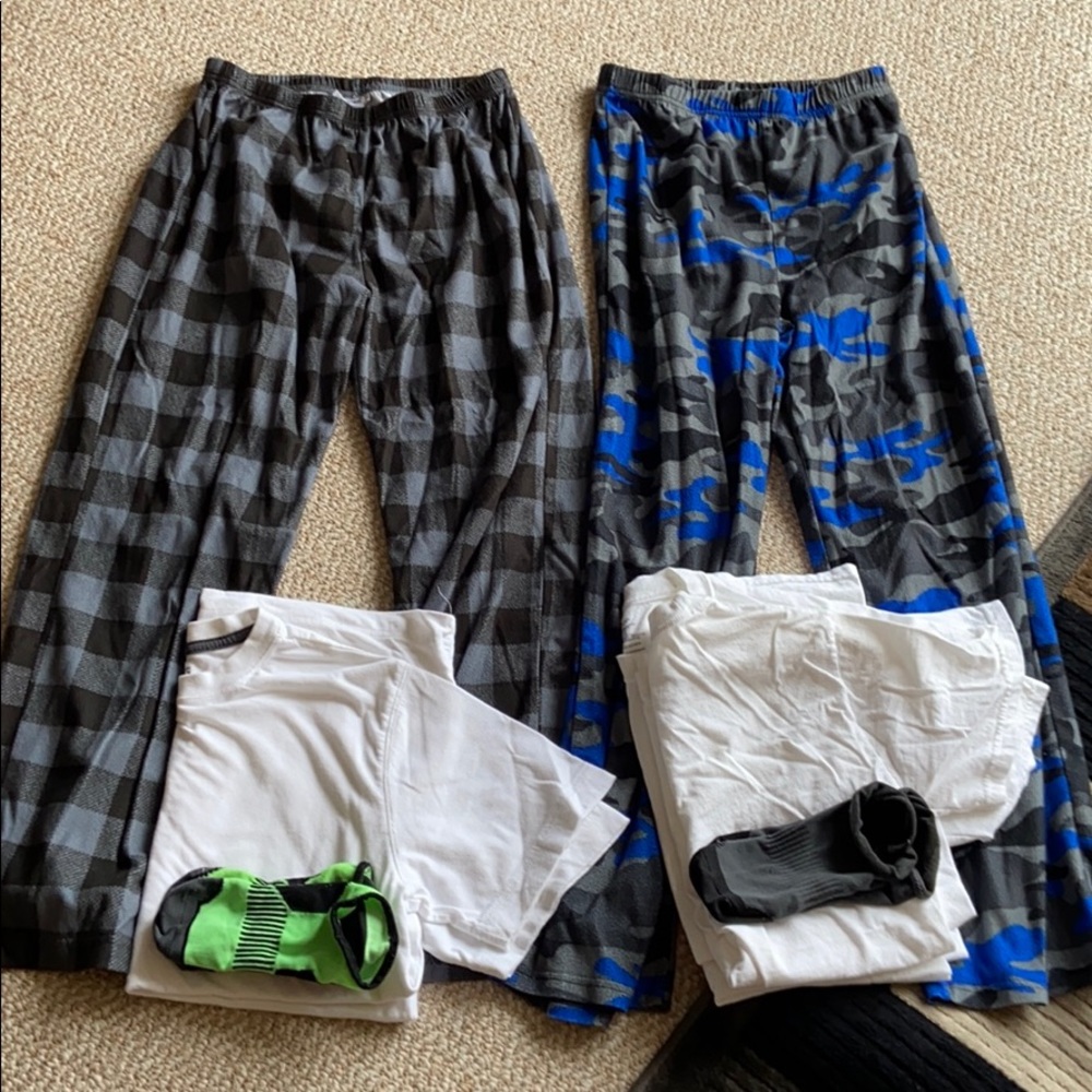 2 boys sleeping pants. 4 white tshirts & 2 socks